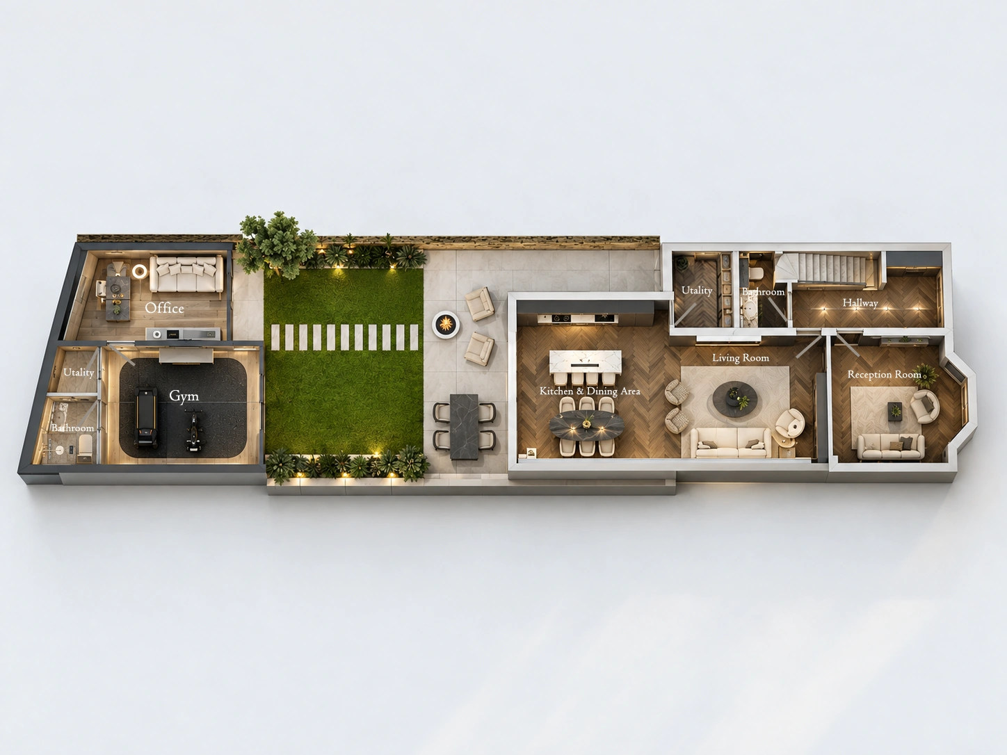 Ground floor layout showing the main house, garden and separate gym and studio building