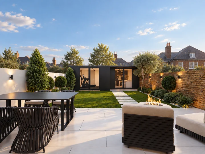 Landscaped private garden, terrace and separate garden building