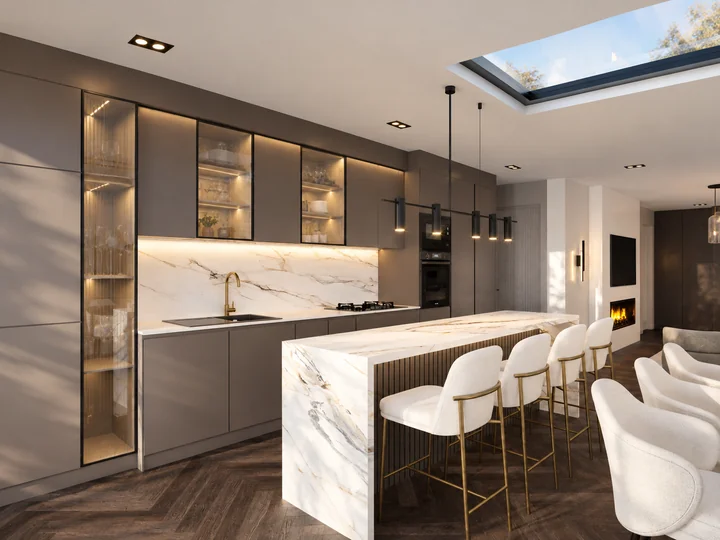 Bespoke kitchen with a generous island and an overhead skylight