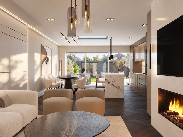 Light-filled living room, kitchen and dining space opening onto the garden