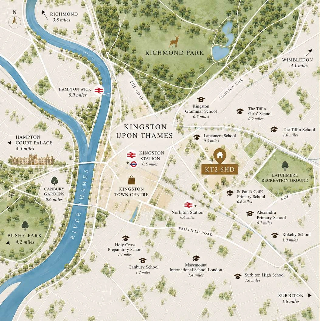 Illustrated location map showing Kingston upon Thames, the River Thames, Richmond Park and nearby schools and stations