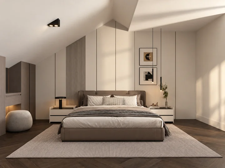 Upper-floor principal suite with bespoke dressing storage and a calm neutral palette
